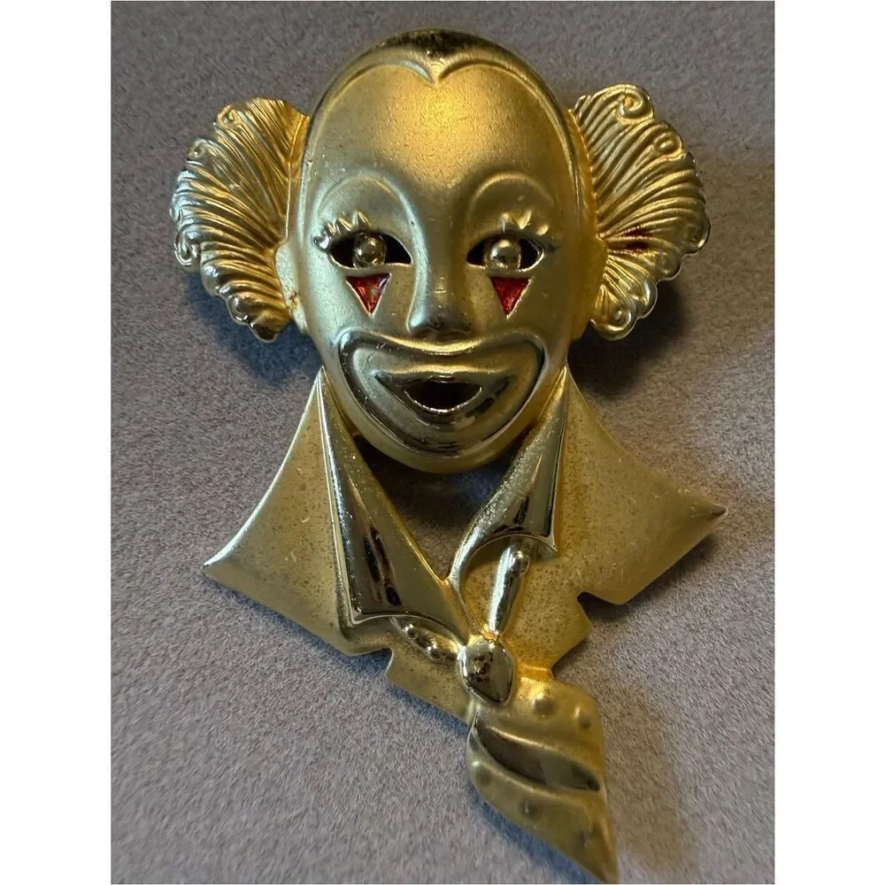 Vintage Gold Clown Face Brooch Statement Women Jewelry Art Unique Pin